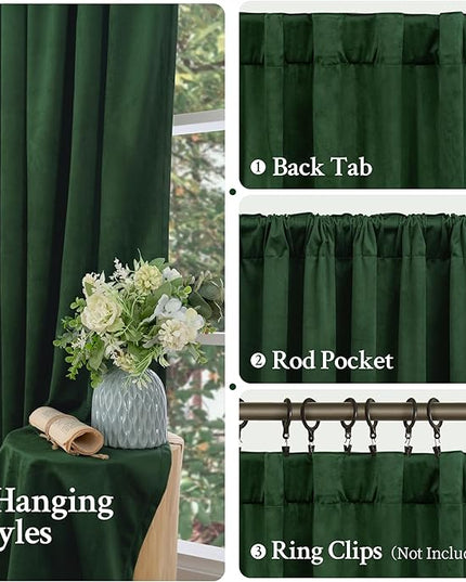 LAMIT Velvet Curtains 108 Inch for Living Room, Thermal Room Darkening Panels Noise Reducing Back Tab and Rod Pocket Christmas Drapes for Bedroom, Set of 2 Panels, Emerald Green, 52 x 108 Inch