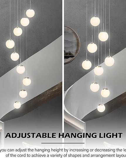 KoKo&Yukina 9-Light Globe Milky White Glass Pendant Light Adjustable Length Pendant Lights Modern Glass Globe Pendant Lights Nickel Chandeliers Large Chandeliers for High Ceiling (Bulb & Remote Incl)