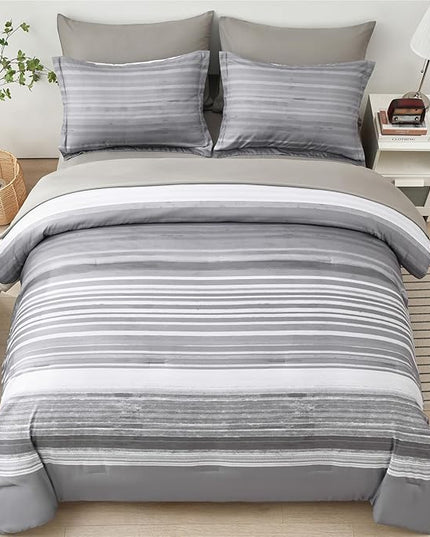 KAKIJUMN 7 Piece Bed in a Bag Stripe Comforter Set Full Size, White Grey Patchwork Striped Comforter and Sheet Set, All Season Soft Microfiber Complete Bedding Set(Light Grey,Full)