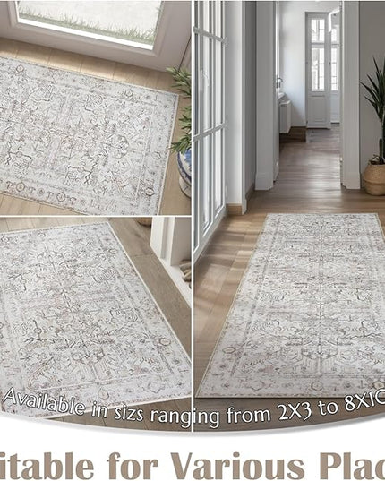 jinchan Lima 6x9 Area Rug for Living Room Washable Soft Throw Rug Ultra-Thin Stain Resistant Non-Slip Distressed Vintage Floral Large Carpet for Bedroom, Dining Room Home Office Nursery (6x9ft, Taupe)
