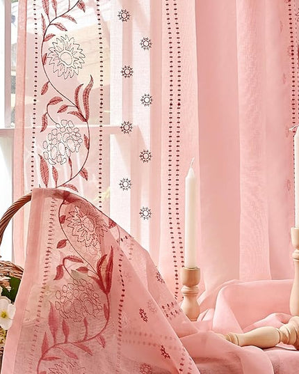 jinchan Winslow Pink Sheer Curtains 84 Inch for Bedroom Living Room Embroidered Bordered Floral Nursery Curtains for Girls Room Dorm Light Filtering, 2 Panels, 50W x 84L