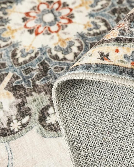 Washable Oriental Area Rug - 9x12 Rugs for Living Room Soft Carpet for Bedroom Waterproof Floral Distressed Indoor Stain Resistant Non-Shedding Floor Carpets (Blue, 9x12)