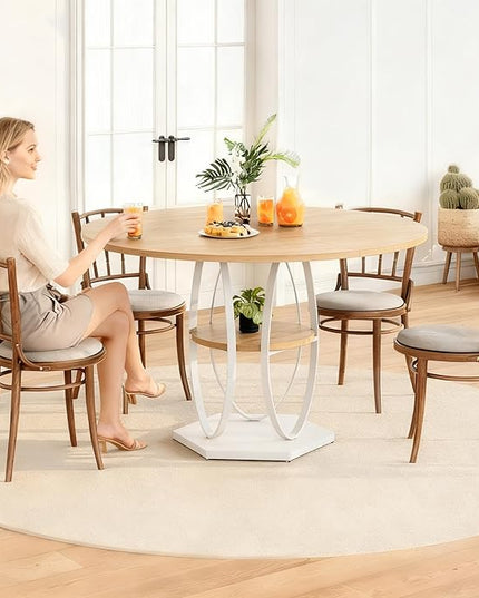 Round Dining Table for 4, 3-Tier Dinner Room Tables with Storage Shelf, Space Saving Small Kitchen Table, Farmhouse Dinner Table with Wooden Tabletop and Hexagonal Base (Wood, 47inch)