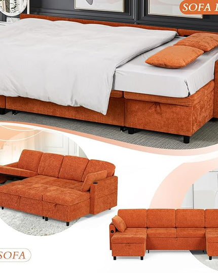110" Sectional Pull Out Sofa Bed with Adjustable Backrests, U-Shaped Sleeper Sofa with USB Ports, Upholstered Reversible Couch with Cup Holder & Storage Space for Living Room, House, Orange