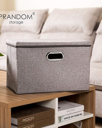 PRANDOM Large Foldable Storage Bin with Lid [1-Pack] Linen Fabric Decorative Storage Box Organizer Containers Basket Cube with Handles Divider for Bedroom Closet Office Living Room (17.7x11.8x11.8)