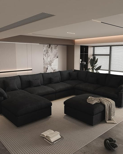 Modular Sectional Sofa Couch With Ottoman,156inch U Shaped Down Filled Cloud Couch,Convertible Sofa Bed Living Room Set,8 Seat Sleeper Bed, Cover Washable and Replaceable Couches for Living Room,Black