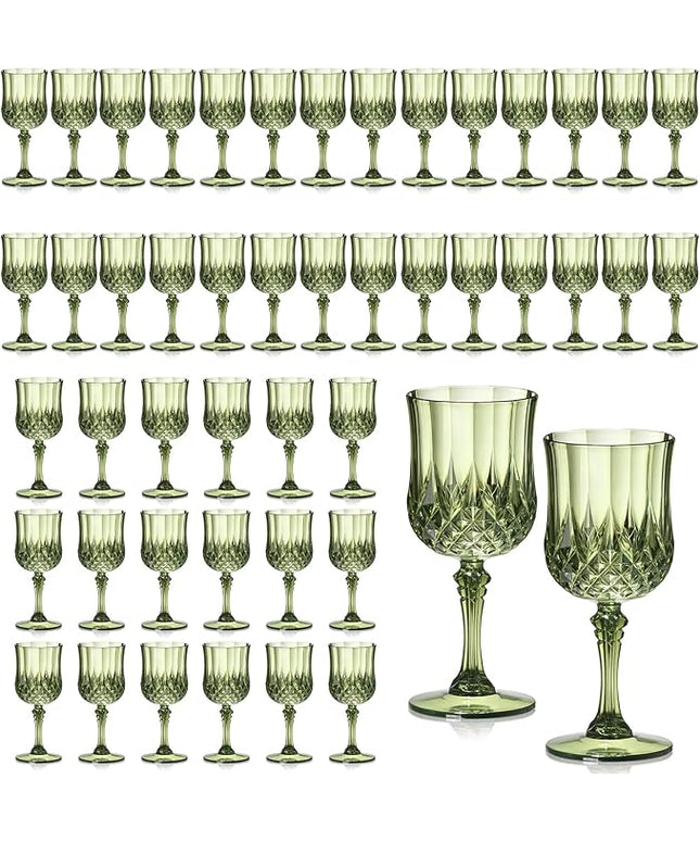 XUWAIDSGN 48 Pcs 7oz Plastic Vintage Wine Glasses Drinking Glasses Unbreakable Wedding Glassware Crystal Water Goblets Reusable Drinkware Vintage Champagne Flutes (48, Dark Green)