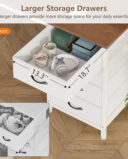 60 Inch Computer Desk with 8 Drawers, Home Office Desk with Power Outlets, Work Study Gaming Desk with 8 Fabric Drawers, Brown and White