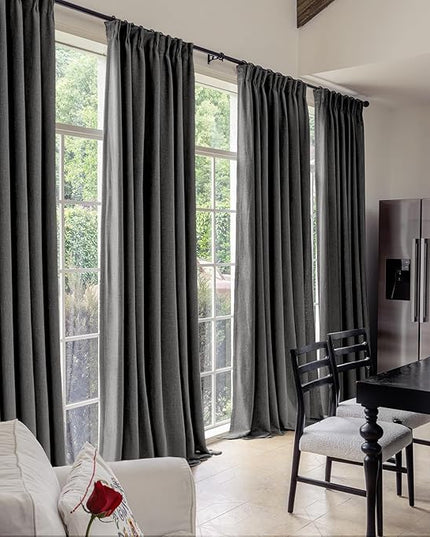 IVAPUPU Linen Pinch Pleated Blackout Curtains for Bedroom - Full Black Out Grey Curtains 90 Inch 2 Panels Set for Living Room Darkening Thermal Window Curtain Drapes with 16pc Hooks