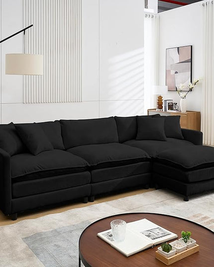 Modular Sectional Sofa,108.27'' Modern Corduroy Sofa Set for Living Room with 3 Seat & 1 Ottoman & 3 Pillows, Comfy Cloud Couches with Movable Ottoman, DIY Combination, Chenille (Black, L Shaped)