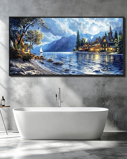 XIGUANGART Large Canvas Wall Art Blue Ocean Picture Mountain Wall Decor Lake Beside Countryside Coastal Framed Artwork for Living Room Bedroom Home Office Hotel Forest Scenery Painting Decoration