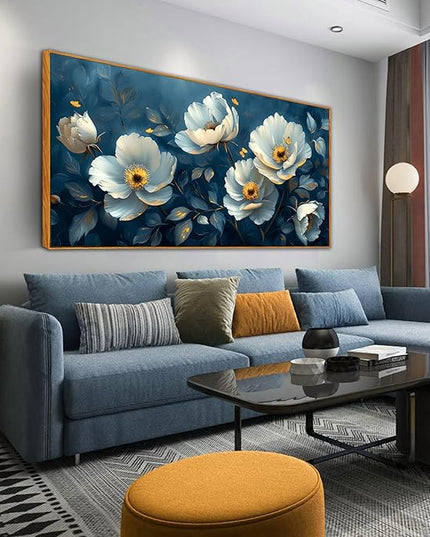 Ouzzlie Large Flower Wall Decor Blue Wall Art for Living Room Office Gold Butterfly Picture Artwork Canvas 29" x 59"
