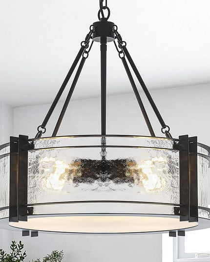 4-Light Black Texture Glass Drum Chandelier, 20.5" Modern Luxury Round Light Fixture for Dining Room Bedroom Foyer Living Room Entryway Kitchen