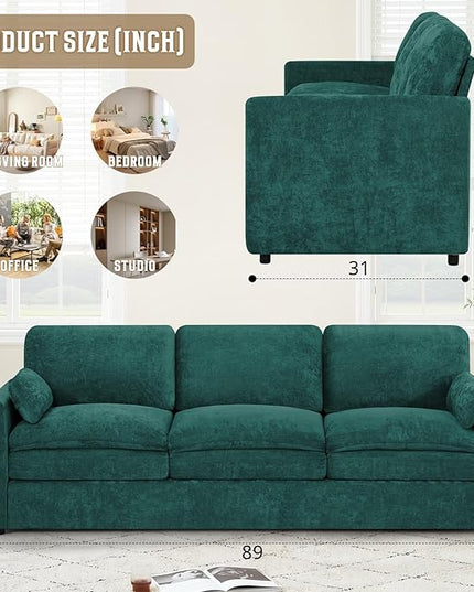 89" Chenille 3 Seats Sofa with 2 Pillows, Modern Upholstered Sofa with Deeper Seats, Comfy Sofa with Thickened Cushions for Living Room, Apartment, Teal