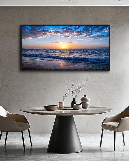 Sea Beach Framed Canvas Wall Art For Living Room Large Size Wall Decor For Bedroom Home Decor Blue Ocean Canvas Pictures Artwork Sunny Sea View Painting Office Wall Decorations Black Framed 20" X 40"