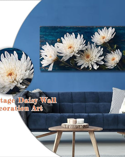 HUADAOART White Chrysanthemum Canvas Wall Art 40 x 20 inches Navy Blue Background Contemporary Floral Print Living Room Decor Ready to Hang