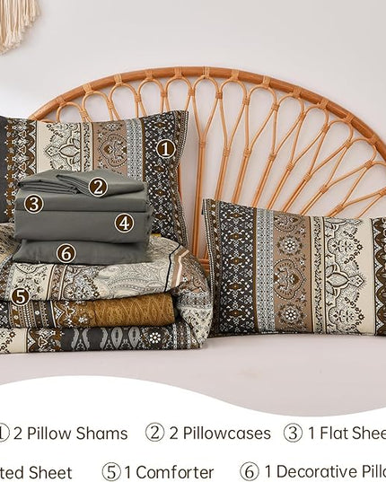 Cottolester Boho Queen Comforter Set 8 Pieces,Brown Black Bohemian Comforter Paisley Striped Bed in A Bag,Soft Microfiber Bedding Set for All Season