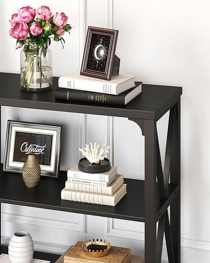 IBF Black Console Table, Modern Sofa Table Behind Couch, Industrial Entryway Table for Hallway Living Room, Farmhouse Wooden Metal Entry Table for Foyer with 3-Tier Storage Shelves, Black Oak, 55 Inch