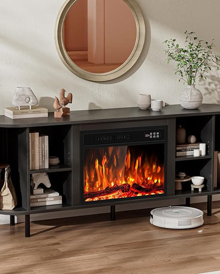 65" Fluted Fireplace TV Stand for TVs Up to 75 inches, Modern Entertainment Center with 23" Electric Fireplace, Wooden Curved TV Console with Sliding Doors for Living Room, Black