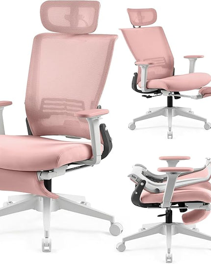 Foldable Office Chair with Foot Rest, Ergonomic Office Chair with Adjustable Lumbar Support, Headrest, Armrest, Home Office Desk Chair for Space Saving, Work from Home, Pink