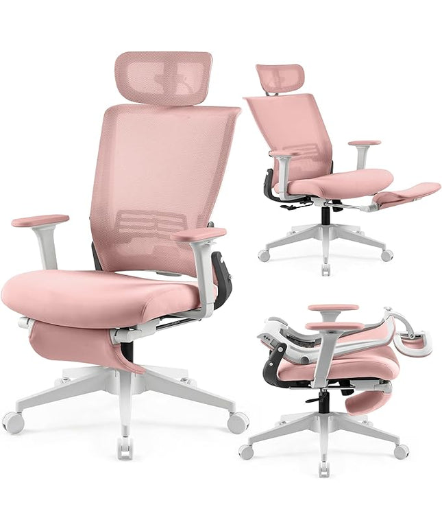 Foldable Office Chair with Foot Rest, Ergonomic Office Chair with Adjustable Lumbar Support, Headrest, Armrest, Home Office Desk Chair for Space Saving, Work from Home, Pink
