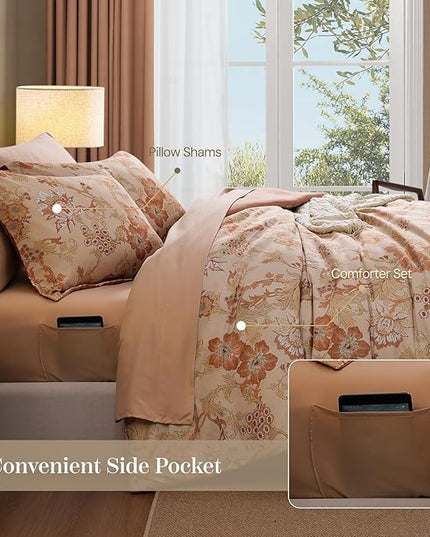 Full Comforter Set -7 Pieces Terrecotta Floral Comforter Set for All Seasons, Bed in a Bag Full with Botanical Flowers Comforter, Sheets, Pillowcases & Shams