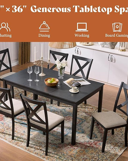 AMERLIFE 7-Piece Farmhouse Dining Table Set with 6 Upholstered Chairs, 60" Space-Saving Dining Table & Chair Set for Dining Room, Kitchen, Small Apartment, Restaurant, Grey & White