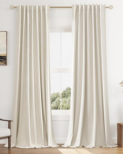 Guken Beige Cream Linen Blackout Curtains 95 Inch Length 2 Panels Set for Living Room Bedroom Back Tab Thermal Insulated 100% Black Out Linen Drapes Room Darkening Window Curtains 95 Inches Long