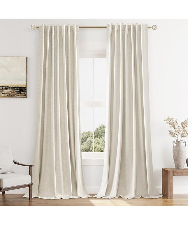 Guken Beige Cream Linen Blackout Curtains 105 Inch Length 2 Panels Set for Living Room Bedroom Back Tab Thermal Insulated 100% Black Out Linen Drapes Room Darkening Window Curtains 105 Inches Long