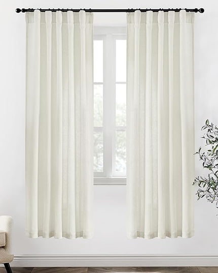 XTMYI 78 Inch Long Linen Sheer Curtains,2 Panels Set Back Tab Pleated Boho Light Filtering Semi Sheer Curtains for Sliding Glass Door,Cream Ivory,40x78 in Length