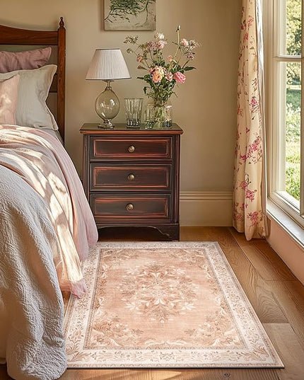 jinchan Vintage Floral 3x5 Area Rugs for Entryway - Machine Washable Distressed Design Ultra-Thin Low-Pile Soft Non-Shedding Carpet for Kitchen Bedroom Entrance Laundry Living Room (3x5ft, Coral Pink)