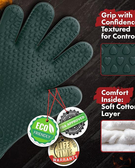 Kitchen perfection Silicone Smoker Oven Gloves -Extreme Heat Resistant BBQ Gloves -Handle Hot Food Right on Your Grill Fryer Pit|Waterproof Oven Mitts |Superior Value Set+3 Bonuses