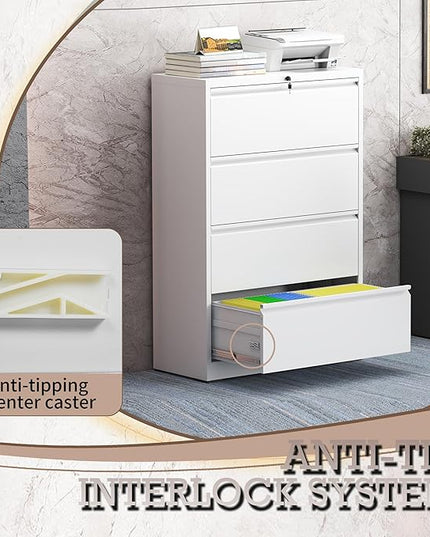 4 Drawer Lateral File Cabinet with Lock, Metal File Cabinet, Lateral File Cabinets for Home Office, Heavy Duty File Storage Cabinet for Legal/Letter/A4 Document, Assembly Required, White