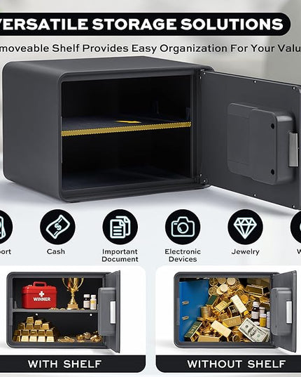 Biometric Safe for Home, 0.6 Cube Feet Auto-Open Fingerprint Safe with Touch Screen, Alarm System & Removable Shelf, Small Money Box for Cash, Jewelry, Documents, Home Office Use, Black