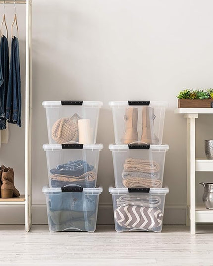 IRIS USA 32 QT Plastic Storage Box with Lid and Latches - 6 Pack - BPA-Free, See-Through Organizing Solution, Durable Nestable Stackable Containers, Secure Pull Handle - Clear