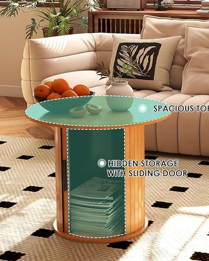 COSVALVE Round Wood Coffee Table 23.6IN with Hidden Storage & Sliding Door, Circle Farmhouse Side Table Sets for Living Room, Bedroom, Balcony, Small Spaces, Natural