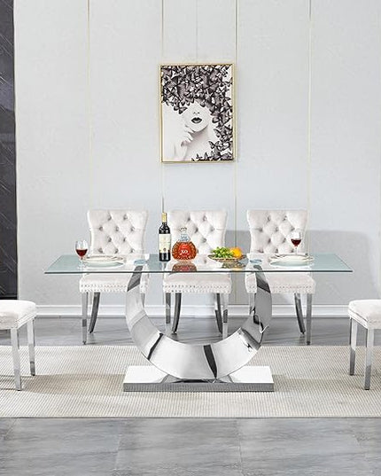 7 Piece Dining Table Set, Modern Glass Dining Table Set for 6, 70" Luxury Glass Table w/Silver Stainless Steel Base & 6 Beige Tufted Chairs, Kitchen Dining Room Sets for 6 for Breakfast Dinner Dinette