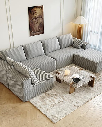 139.4" Modular Sectional Sofa, U-Shaped Minimalist Couches with Ottoman and Middle Seat, Modern Deep Seat Convertible Sleeper Sofa Bed, Reversible Chaise, Cloud Plush Corduroy Fabric,6 Seater, Grey