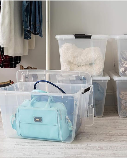 IRIS USA 51 L (54 QT) Plastic Storage Box with Lid and Latches - 4 Pack - BPA-Free, See-Through Organizing Solution, Durable Nestable Stackable Containers, Secure Pull Handle - Clear