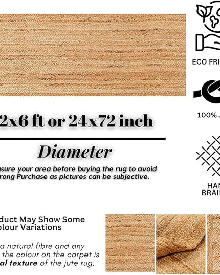 Hand Woven Jute Area Rug - 2' x 6' Feet - Rustic Beige Reversible Rectangular Rugs for Bedroom, Kitchen, Living Room - Vintage Natural Braided Entry Floor Décor Boho Jute Rug 24 X72 Inches