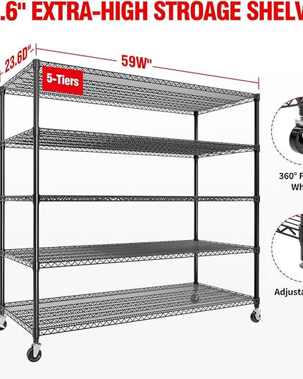 GarveeHome 82"H Storage Shelves with Wheels, 5-Tier Metal Shelving Unit Heavy Duty 3300LBS Load, Adjustable Garage Shelving Wire Rack Shelves, for Pantry Room,Kitchen, Warehouse, Basement,24"D x 59"W