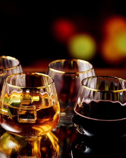 Lysenn Stemless Wine Glasses Set of 4 - Premium Hand Blown Drinking Glasses for White and Red Wine - Elegant Wide Vertical Stripe and Gold Rim Design - Clear 11.8oz
