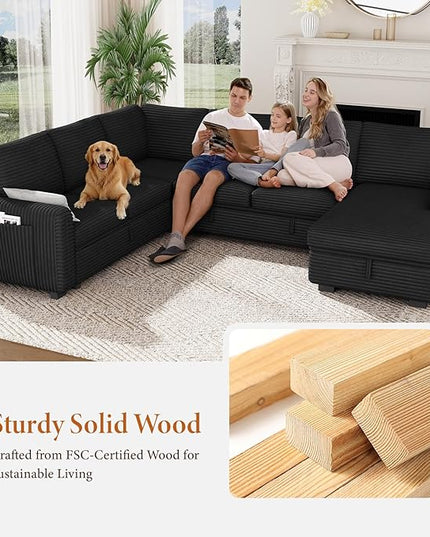 Vesgantti 113.6" Modular Sectional Sofa with Pull Out Couch Bed, 7 Seater U Shaped Sleeper Sofa with Storage Chaise, Corduroy Sectional Couch for Living Room, Bedroom, Apartment, Black