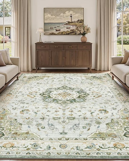 PADOOR-Vintage Area Rug 5X7 Rugs for Living Room-Soft Green Rugs for Bedroom-Machine Washable Rugs Non Slip Carpet-Rug for Dining Room Living Room Bedside Office