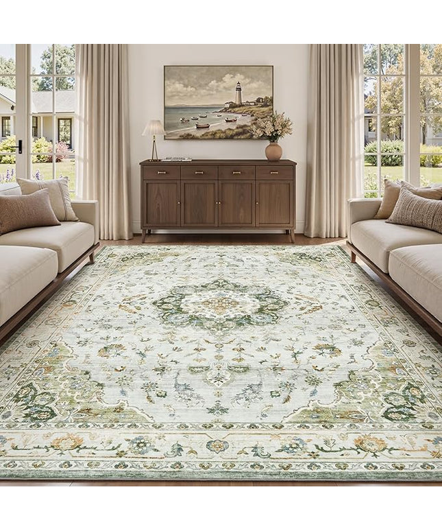 PADOOR-Vintage Area Rug 5X7 Rugs for Living Room-Soft Green Rugs for Bedroom-Machine Washable Rugs Non Slip Carpet-Rug for Dining Room Living Room Bedside Office