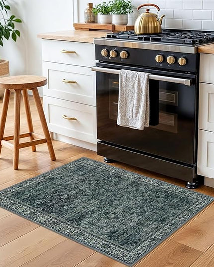 2x3 Washable Rug Soft Area Rug for Entryway, Dark Green Non-Slip Indoor Door Mat Distressed Floral Low-Pile Kitchen Rugs, Neutral Vintage Carpet for Entrance Kitchen Bedside Farmhouse