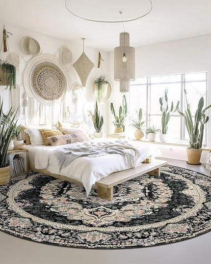 Black Round Rug 9ft,Large Circle Area Rugs for Bedroom Living Room Dining Room,Washable Boho Vintage Bohemian Distressed Oriental Carpet Non Slip,Floral