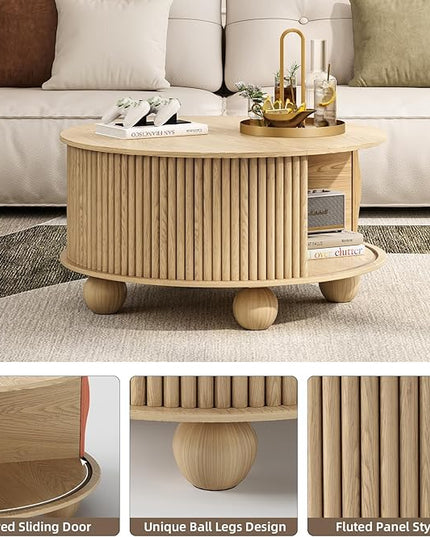 Round Coffee Table with Storage, 31.5" Circle Coffee Table with Sliding Door & Bun Feet, Fluted Center Table for Living Room, Home Small Space, Oak