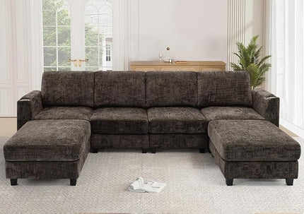 110" Convertible U-Shape Couch with 2 Flexible Ottomans, Soft Sectional Sofa with 2 Built-in Cup Holders, Chenille 4 Seats Sofa with Well-Filled Back Cushions for Living Room, House, Brown