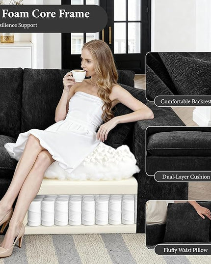 108" Sectional Couches for Living Room Boneless Couch Upholstered Cloud Couchs Sectional Modular Sectional Sofa with L Shaped (Chenille-Black, 3 Seat+1 Ottoman)